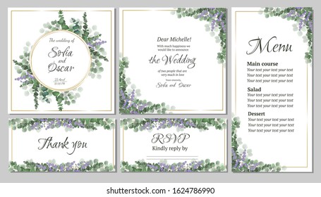 Vector template for wedding invitation. Lavender flowers, green plants. All elements are isolated. Round gold frame. Template for greeting card. Invitation card, thanks, rsvp, menu.