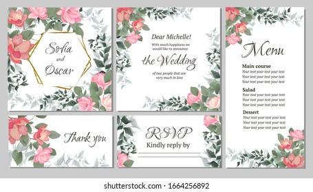 Vector template for wedding invitation. Magnolia flowers, green branches, leaves. All elements are isolated. Invitation card, thanks, rsvp, menu.