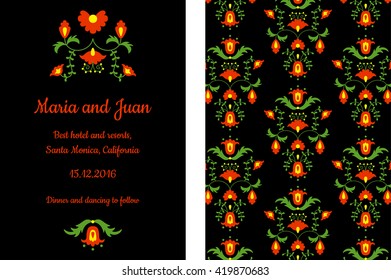 vector template of a wedding invitation in a mexican style, decorated with traditional  floral pattern