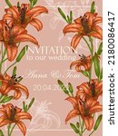 Vector template wedding invitation with orange lily flowers