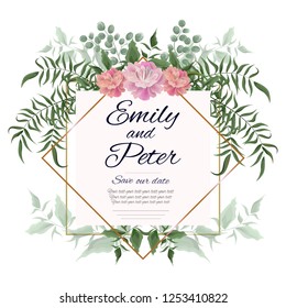 Vector template for wedding invitation. Peony flowers, green leaves, gold frame, geometry. All elements are isolated. 