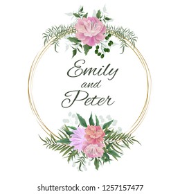 Vector template for wedding invitation. Peony flowers, gold frame, green leaves. All elements are isolated.