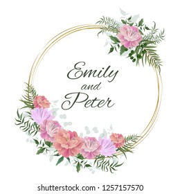 Vector template for wedding invitation. Peony flowers, gold frame, green leaves. All elements are isolated.