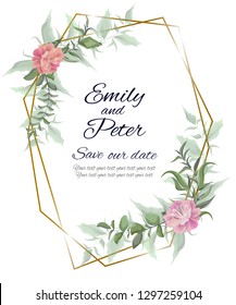 Vector template for wedding invitation. Peony flowers, Golden square frame, green leaves. All elements are isolated. 