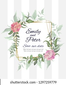 Vector template for wedding invitation. Peony flowers, Golden square frame, green leaves. All elements are isolated. 