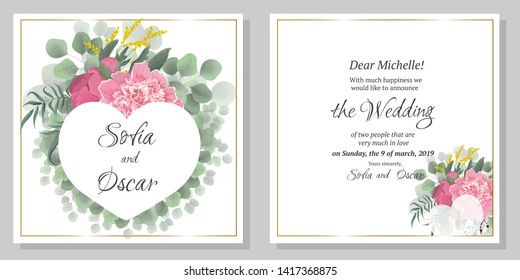 Vector template for wedding invitation. Peony flower, eucalyptus, green plants, the frame is in the shape of a heart. All elements are isolated.