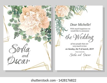 Vector template for wedding invitation. Peony flowers, eucalyptus, berries, green plants, polygonal shapes. All elements are isolated.
