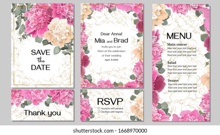 Vector template for wedding invitation. Peony flowers, background with gold, green leaves and plants.  Invitation card, thanks, rsvp, menu.