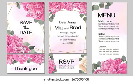 Vector template for wedding invitation. Peony flowers, watercolor background, green leaves and plants. Invitation card, thanks, rsvp, menu.