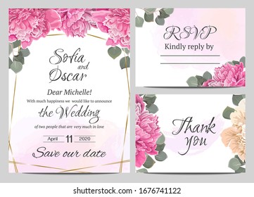 Vector template for wedding invitation. Peony flowers, watercolor background, green leaves and plants. Invitation card, thanks, rsvp.