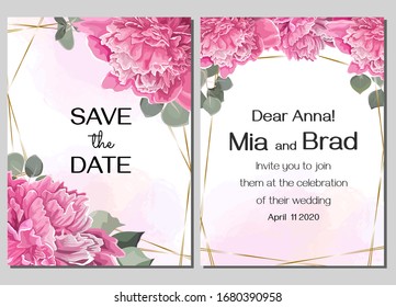Vector template for wedding invitation. Peony flowers, watercolor background, green leaves and plants. 