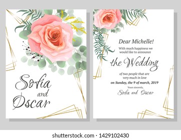 Vector template for wedding invitation. Pink roses flowers, eucalyptus, berries, green plants, polygonal shapes. All elements are isolated.