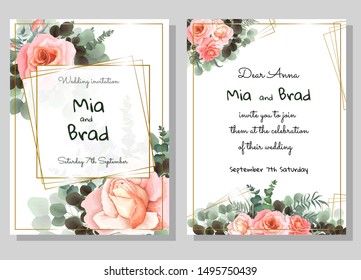 Vector template for wedding invitation. Pink rose flowers, green branches, eucalyptus, plants, leaves. All elements are isolated.