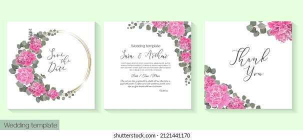 Vector template for wedding invitation. Pink peonies, eucalyptus, green leaves and plants, round frame.