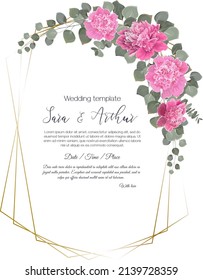 Vector template for wedding invitation. Pink peonies, eucalyptus, green leaves and plants, gold frame.