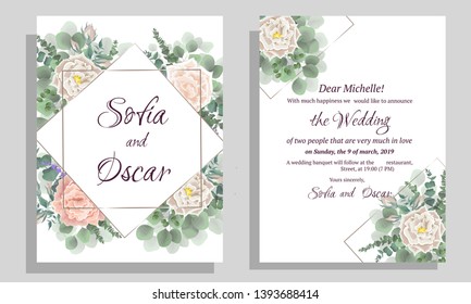Vector template for wedding invitation. Polygonal, gold frame, beige roses, buds, berries, green plants, eucalyptus. All elements are isolated. Greeting card.