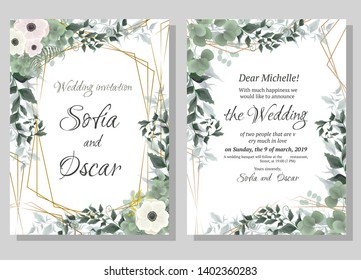 Vector template for wedding invitation. Polygonal abstract frame, anemone flowers, berries, green leaves, plants.