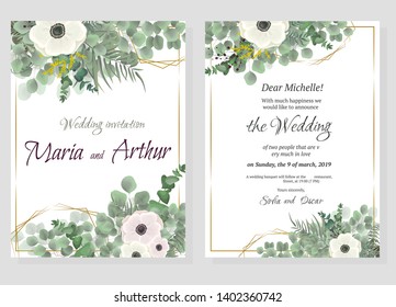 Vector template for wedding invitation. Polygonal abstract frame, anemone flowers, berries, green leaves, plants.