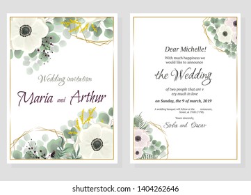 Vector template for wedding invitation. Polygonal abstract frame, anemone flowers, berries, green leaves, plants.