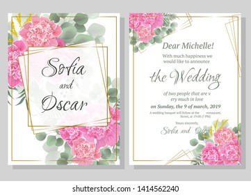 Vector template for wedding invitation. Polygonal gold frame, peony flowers, berries, green leaves and plants.