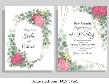 Vector template for wedding invitation. Polygonal gold frame, peony flowers, berries, green leaves and plants.
