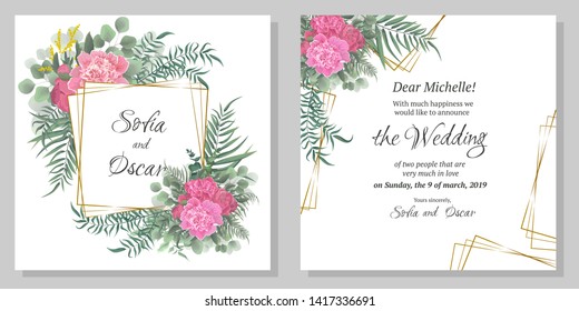 Vector template for wedding invitation. Polygonal gold frame, peony flowers, berries, green leaves and plants.