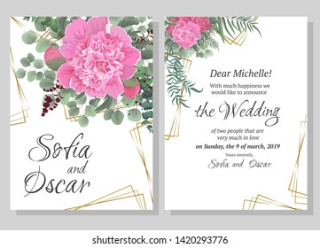 Vector template for wedding invitation. Polygonal gold figures, peony flowers, berries, green leaves and plants.