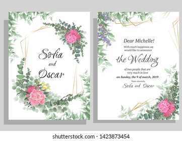 Vector template for wedding invitation. Polygonal gold frame, peony flowers, berries, green leaves and plants.