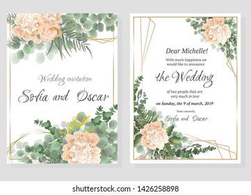 Vector template for wedding invitation. Polygonal gold frame, peony flowers, berries, green leaves and plants.