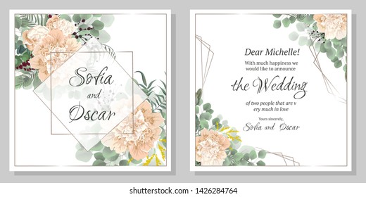 Vector template for wedding invitation. Polygonal gold frame, peony flowers, berries, green leaves and plants.