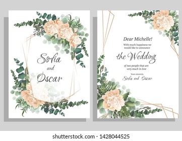 Vector template for wedding invitation. Polygonal gold frame, peony flowers, berries, green leaves and plants.