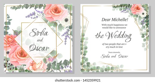Vector template for wedding invitation. Polygonal gold frame, pink roses, anemones, Wisteria flowers, lavender, berries, green plants.  All elements are isolated.
