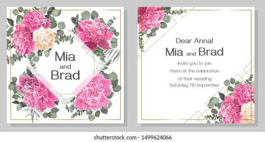 Vector template for wedding invitation. Polygonal gold frame, peony flowers, green leaves and plants.