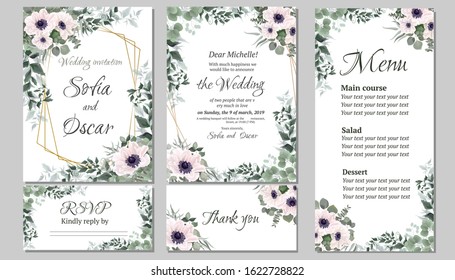 Vector template for wedding invitation. Polygonal abstract frame, anemone flowers, berries, green leaves, plants. Invitation card, thanks, rsvp, menu.