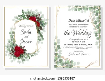 Vector template for wedding invitation. Red rose flowers, green branches, eucalyptus, plants, leaves. All elements are isolated.