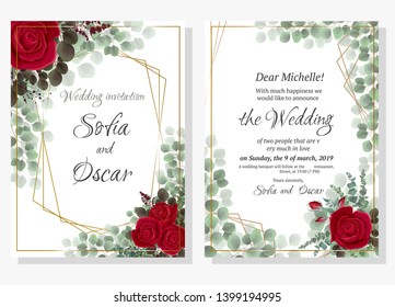 Vector template for wedding invitation. Red rose flowers, green branches, eucalyptus, plants, leaves. All elements are isolated.