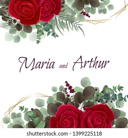 Vector template for wedding invitation. Red rose flowers, green branches, eucalyptus, plants, leaves. All elements are isolated.