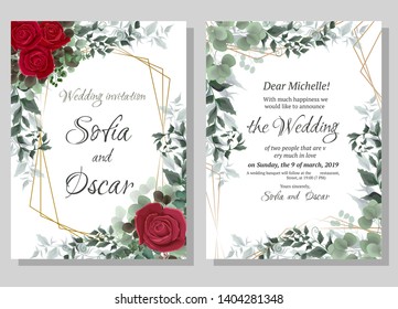 Vector template for wedding invitation. Red rose flowers, green branches, eucalyptus, plants, leaves. All elements are isolated.