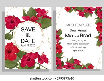 Vector template for wedding invitation. Red hibiscus, round gold frame. Branches with flowers.