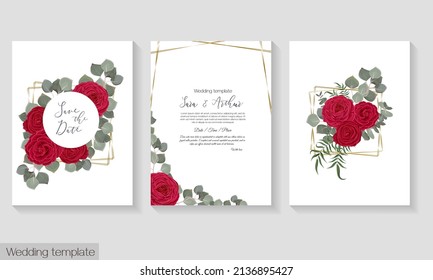 Vector template for wedding invitation. Red ranunculus, roses, eucalyptus, green leaves and plants, round frame.