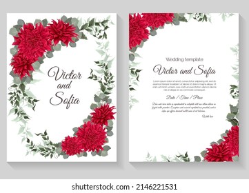 Vector template for wedding invitation. Red dahlia, eucalyptus, green leaves and plants