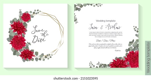 Plantilla vectorial para invitación a boda. Dalia roja, eucalipto, hojas verdes y plantas