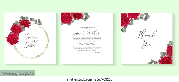 Vector template for wedding invitation. Red dahlia, eucalyptus, green leaves and plants, round gold frame