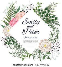 Vector template for wedding invitation. Roses, berries, green plants, flora elements. All elements are isolated. Wedding card.