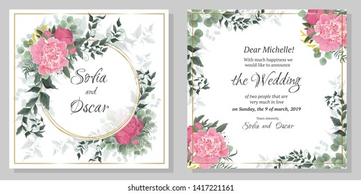 Vector template for wedding invitation. Round gold frame, peony flowers, berries, green leaves and plants.