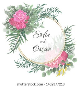 Vector template for wedding invitation. Round gold frame, peony flowers, berries, green leaves and plants.