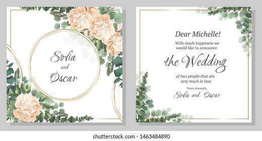 Vector template for wedding invitation. Round gold frame, peony flowers, berries, green leaves and plants.