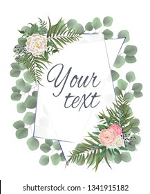 Vector template for wedding invitation. Square geometric golden frame with flowers and green plants. Green leaves, roses, berries. All elements are isolated. Elegant design elements.