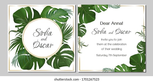 Vector template for a wedding invitation. Tropical green leaves, monstera, palm leaves. Greeting card for your text.