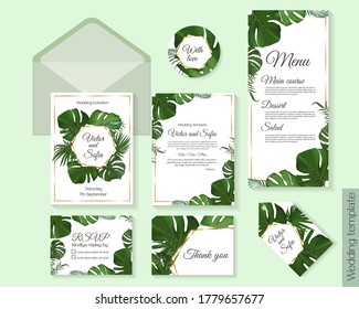 Vector template for a wedding invitation. Tropical green leaves, monstera, palm leaves. Greeting card for your text. Invitation card, thanks, rsvp, menu.